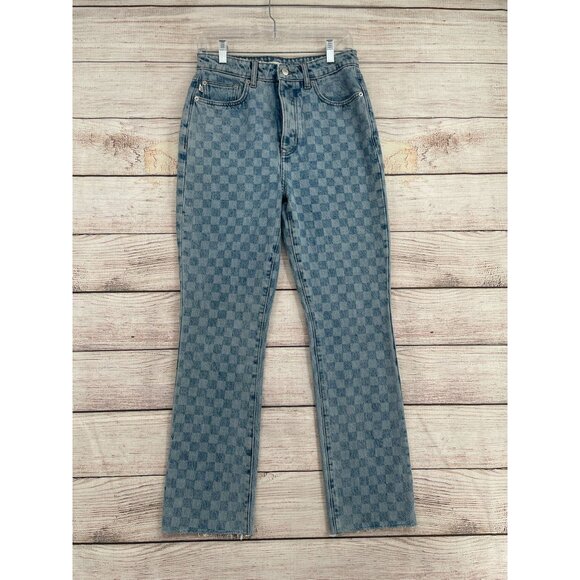 LF Lovers and‎ Friends Reece High Rise Slim Straight Jeans Women's 27 Blue Check - Picture 1 of 13